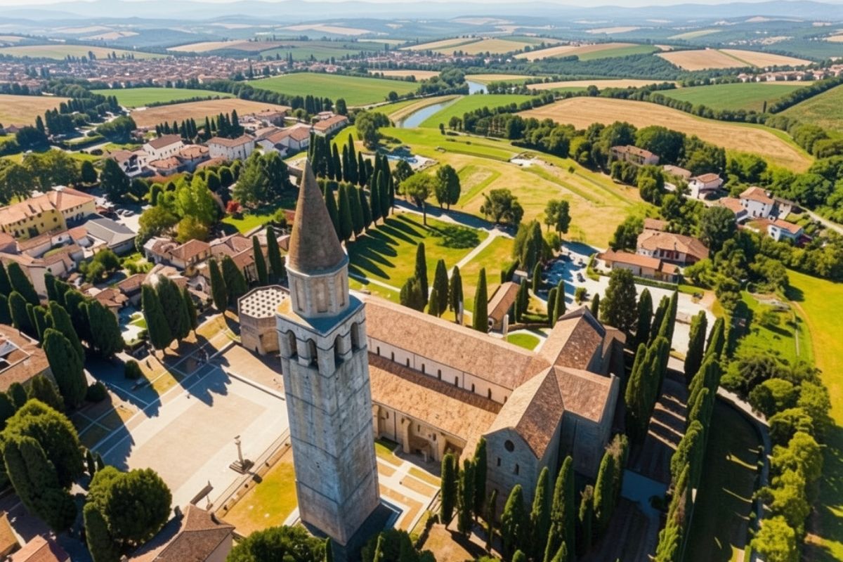 Vista panoramica di Aquileia con mosaici e monumenti storici